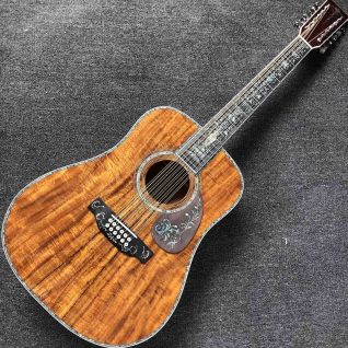 Custom 12 Strings Solid KOA Wood Top Guitar Ebony Fingerboard Real Abalone Shell Binding and Inlay Acoustic Electric Guitar