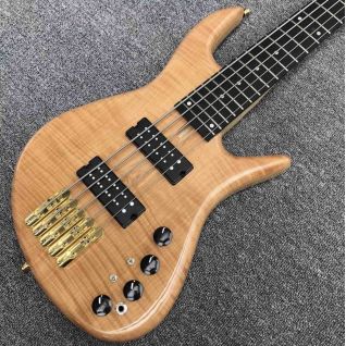 Solid Flame Maple Top 5 Strings Bass Guitar Ebony Fingerboard Custom Gold Hardware Ash Wood Electric Bass