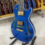 Custom Flamed Maple Top Abalone Flower Inlay Fret Semi Hollow Body LP Electric Guitar in Blue Color