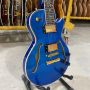 Custom Flamed Maple Top Abalone Flower Inlay Fret Semi Hollow Body LP Electric Guitar in Blue Color