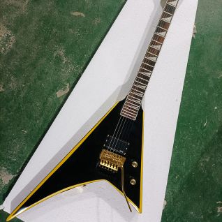 Custom 6 Strings Black V Shaped Electric Guitar with Yellow Stripe