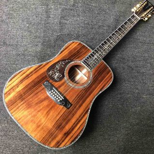 Custom 12 Strings Left Handed D45K Dreadnought Deluxe Solid Koa Wood Top Abalone Inlay Binding Acoustic Electric Guitar