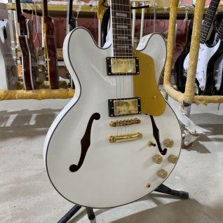 Custom Grand ES-335 Electric Guitar in White Color with Gold hardware