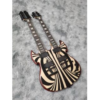 Custom Flamed Tiger Pattern Veneer 12+6 Strings Double Neck Electric Guitar with Black Hardware