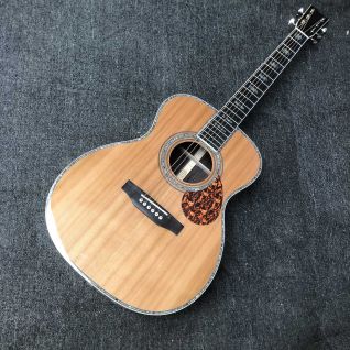 Custom OM AAAAA All Solid cedar Wood Solid Back Side Abalone Binding Acoustic Guitar with Pickguard and Silver Tuner