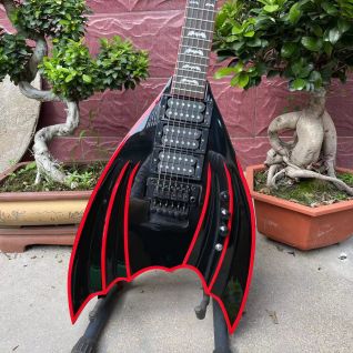 Custom Irregular Grand Electric Guitar with Black Red Stripe Color Customizable Shape and Logo