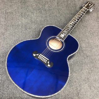 Custom 12 Strings Blue Color Jumbo Parlor Abalone Binding Deluxe Neck Inlay Acoustic Guitar