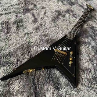 Custom JackSon style V shape ebony fingerboard single bridge pickup gold hardware electric guitar in black color