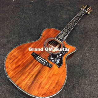 Custom Solid Koa Wood 6 Strings Real Abalone Cutaway Deluxe OM-45 Acoustic Electric Guitar with Ebony Fingerboard, Life Tree Inlay, Customized Logo Accept OEM