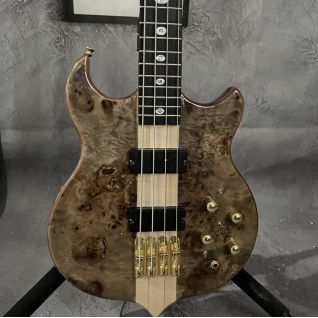 Custom 4 String Electric Bass Guitar Burl Maple Top Gold Hardware Neck Thru Body Active