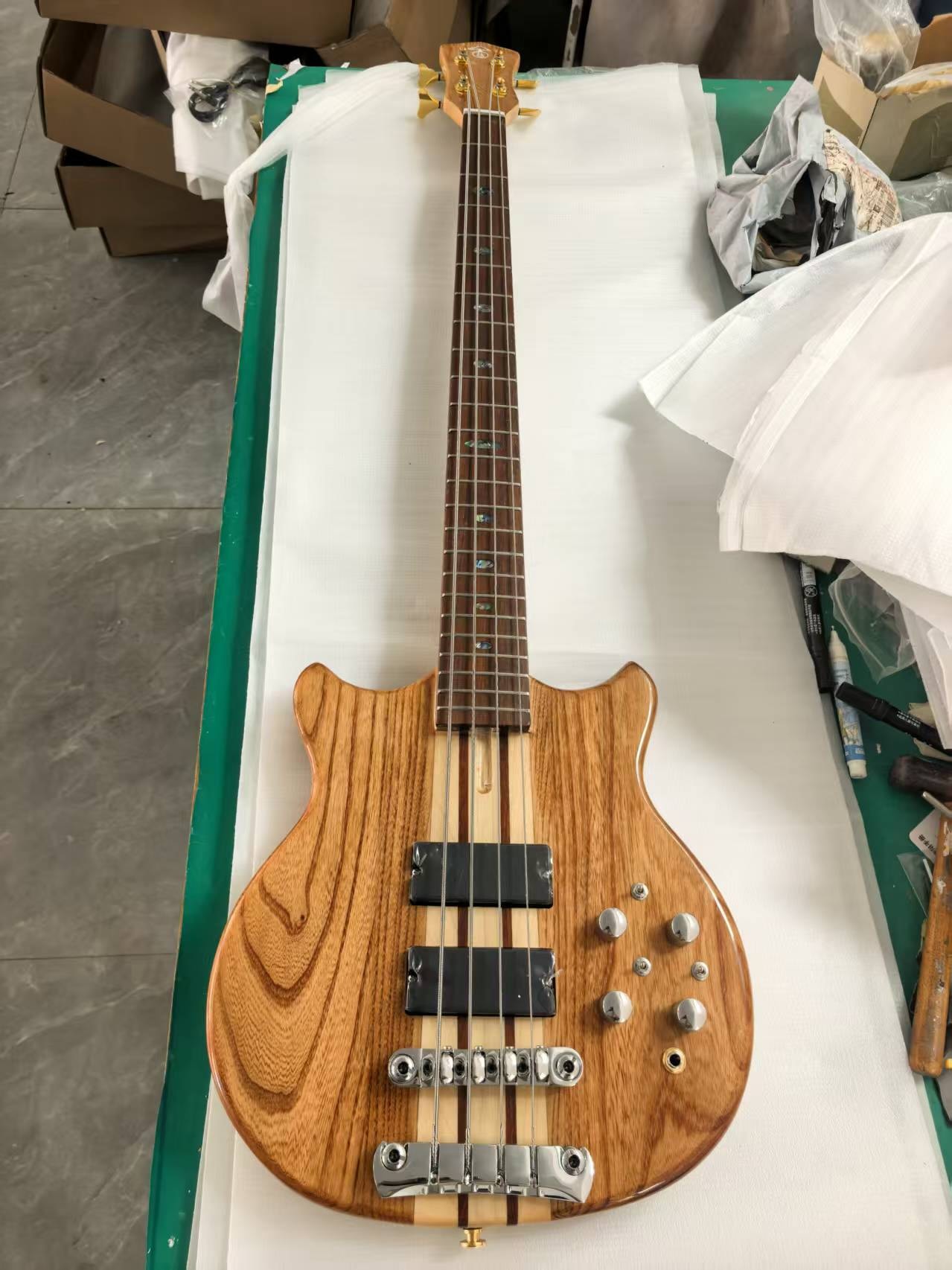 Custom Alem Style 4 Strings Neck Through Body Bass Guitar Brown Ash Body, 5-Layer Maple Neck, Chrome Hardware, Abalone Inlay