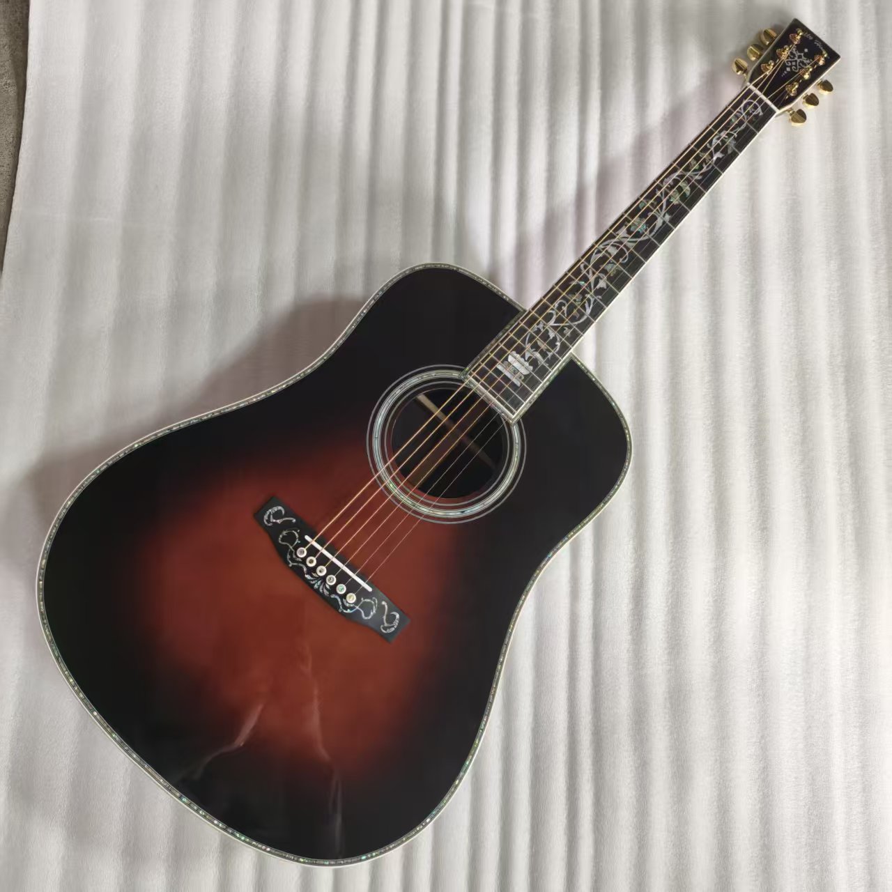 Custom Martin Style Deluxe Dreadnought D-45AA TabacooBurst Acoustic Guitar, Ebony Fingerboard, Abalone Binding, Solid Rosewood Back Side