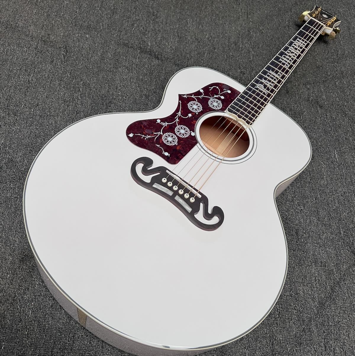 Custom 43 Inch Jumbo SJ200 Lefty Handed Acoustic Guitar in White, Customized Neck Inlay, Accept Guitar OEM