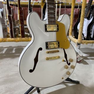 Custom GB ES335 Style Electric Guitar in White Color with Gold Hardware